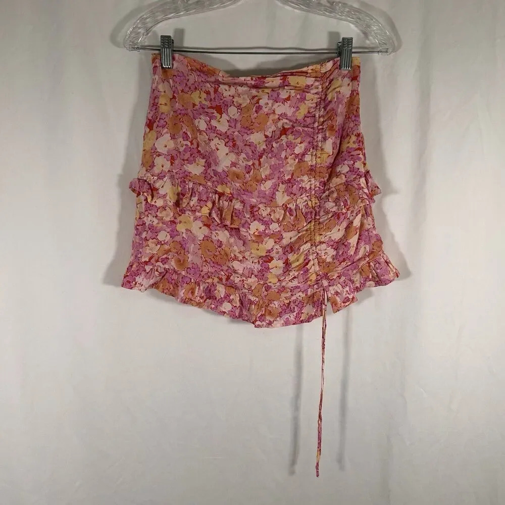 Le Lis Skirt Women's Small Pink Orange Floral Zip Back Tie Tiered Rayon